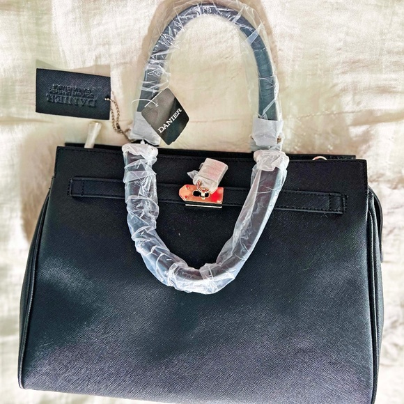 SATCHEL/SHOULDER BAG, DANIER LEATHER, BLACK, POCKETS, FRONT ACCENT LIKE A BIRKIN - Picture 1 of 16